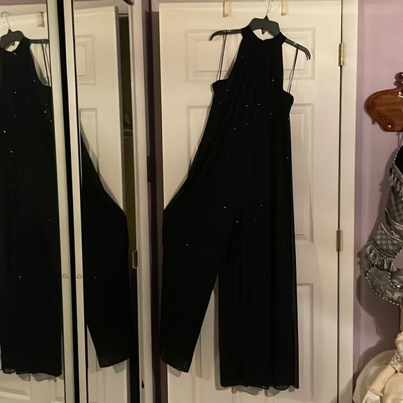 Black halter wide leg dress jumpsuit - Picture 3 of 6